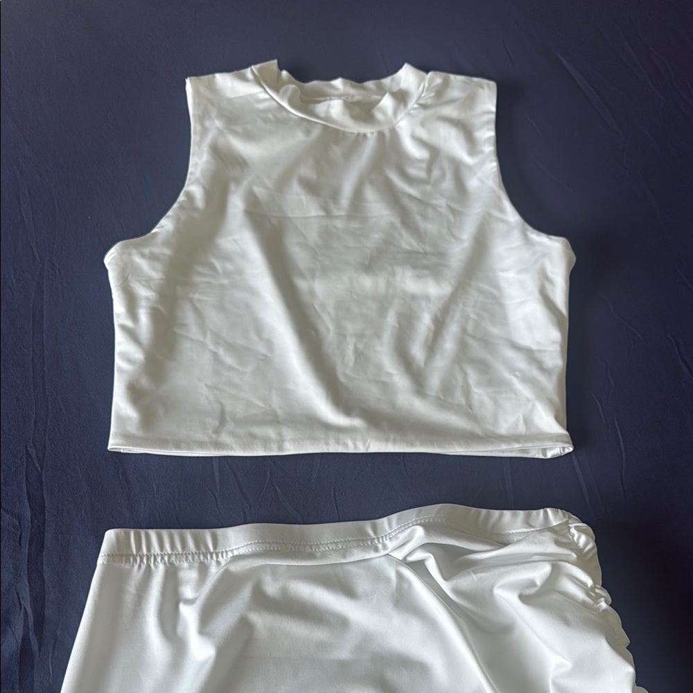 White Sleeveless Crop Top and Skirt Set